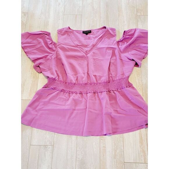 Lane Bryant 20P‎ Top Cold Shoulder Blouse Flutter Sleeve Lavender Cinch Waist - Picture 1 of 7